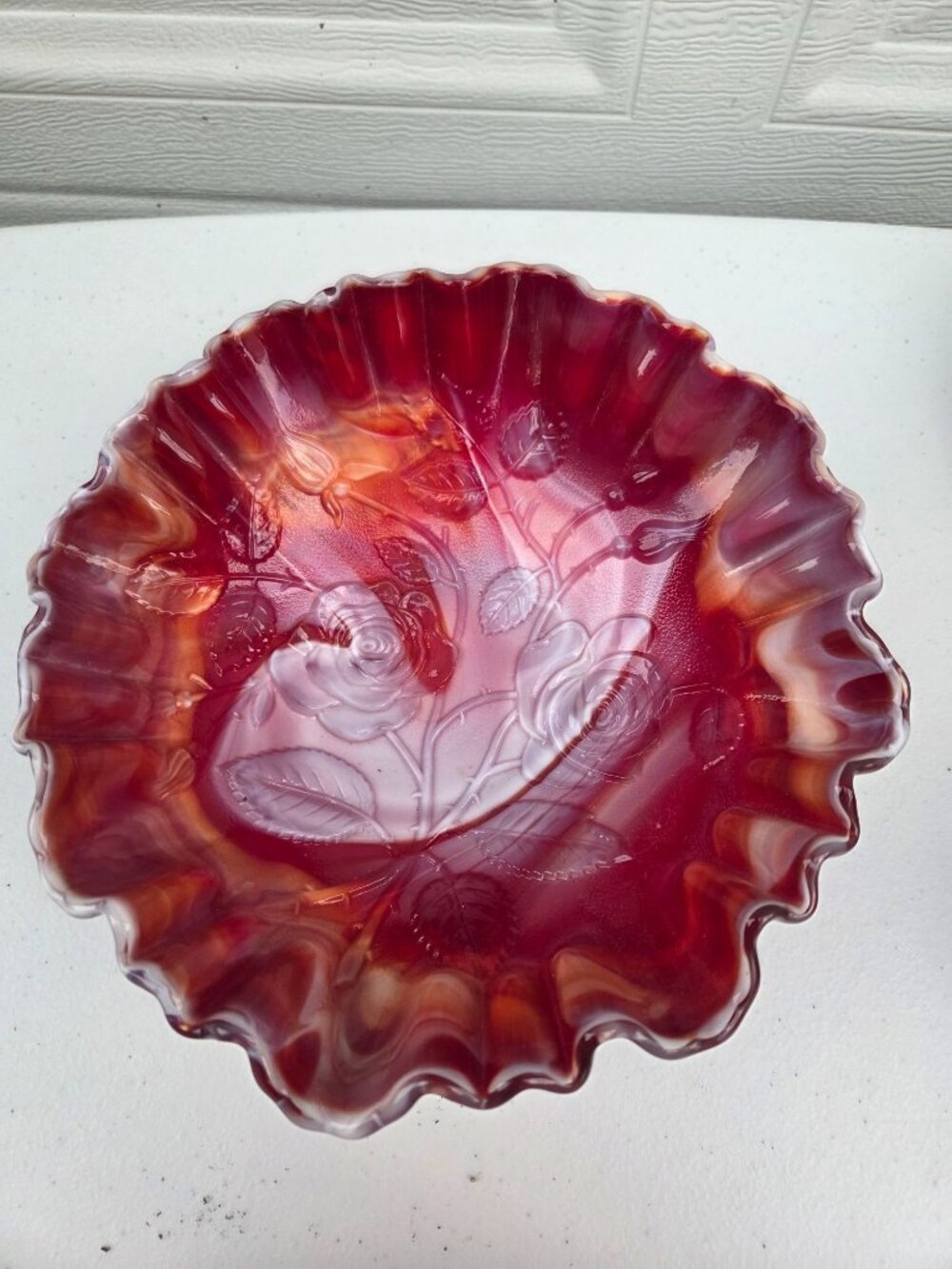 Imperial Slag Glass Ruffled Bowl With Rose Design - Vintage Marbled Red & Amber